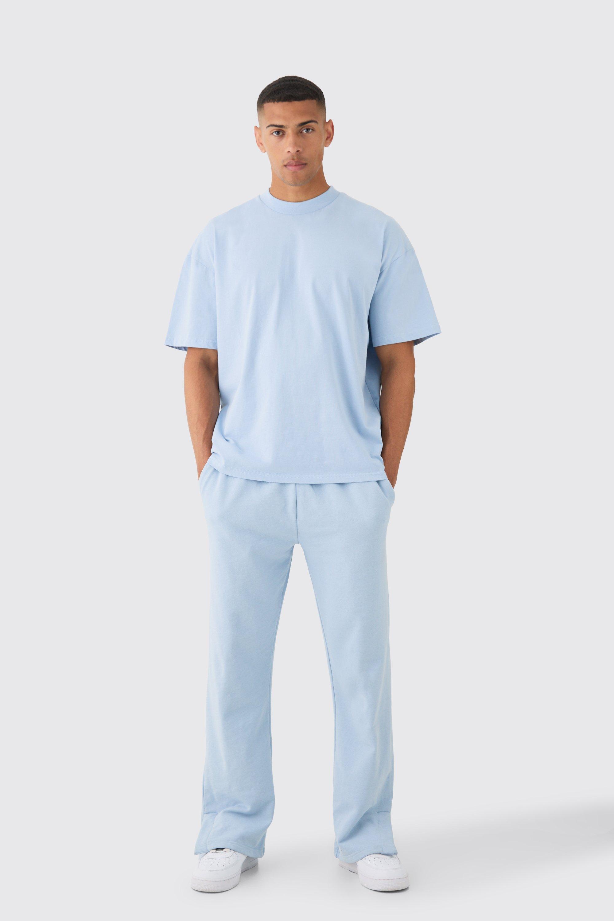 Mens Blue Oversized Extended Neck Heavy T-Shirt And Jogger Set, Blue